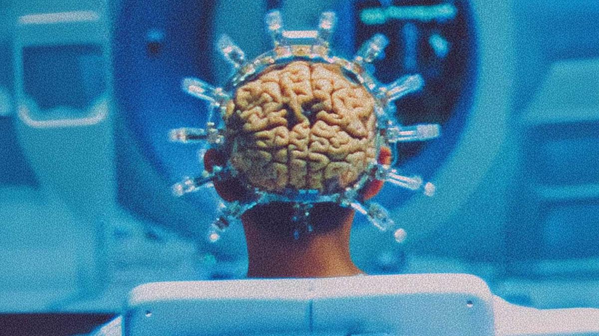 A brain surrounded by instruments in a blue room
